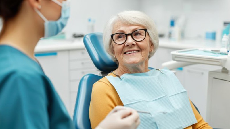 Senior patient speaking with dental team member